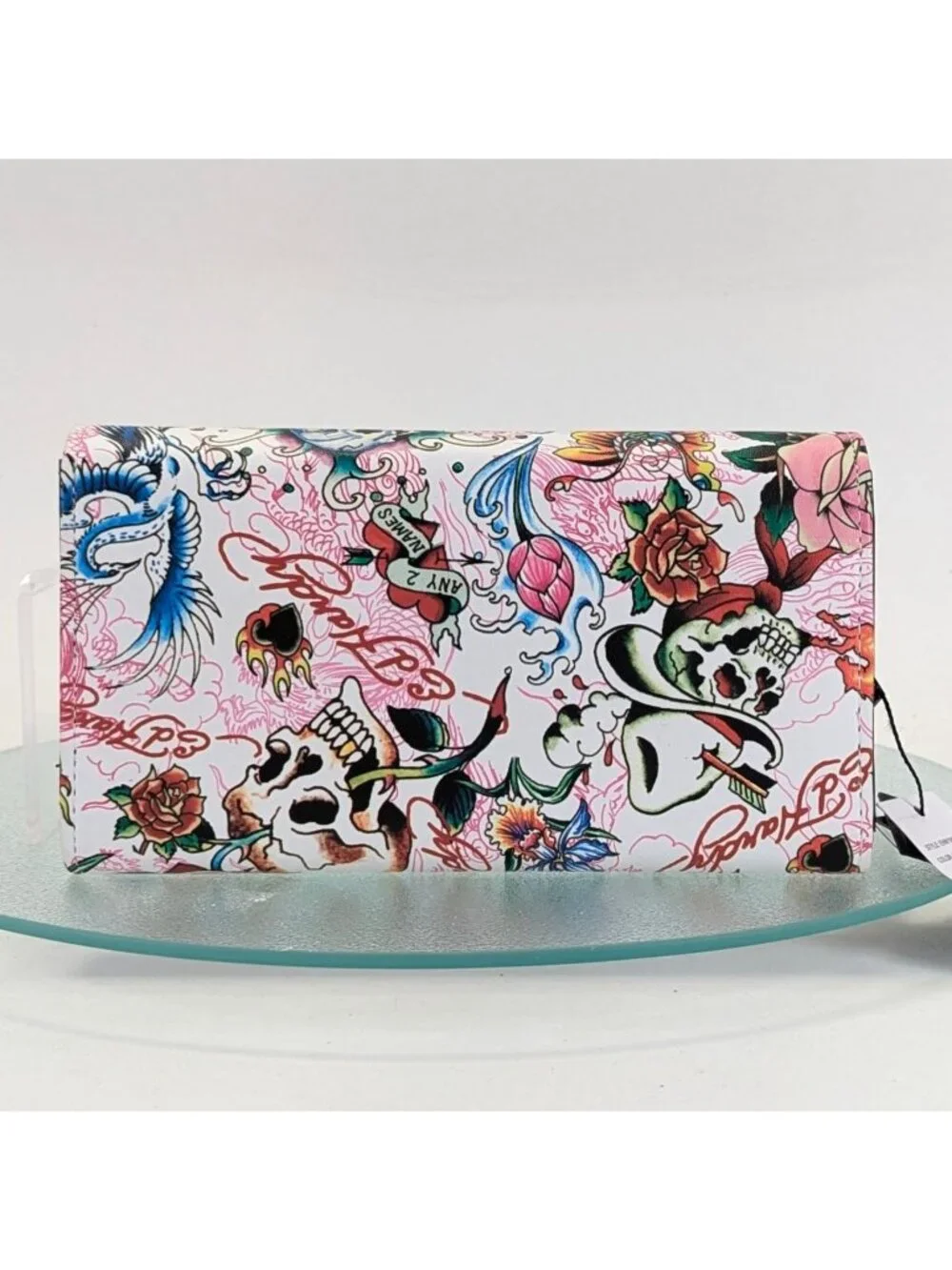 Ed Hardy Wallet Trifold Pink Multicolor Skull Tattoo Y2K Collectible NWT - Picture 2 of 6